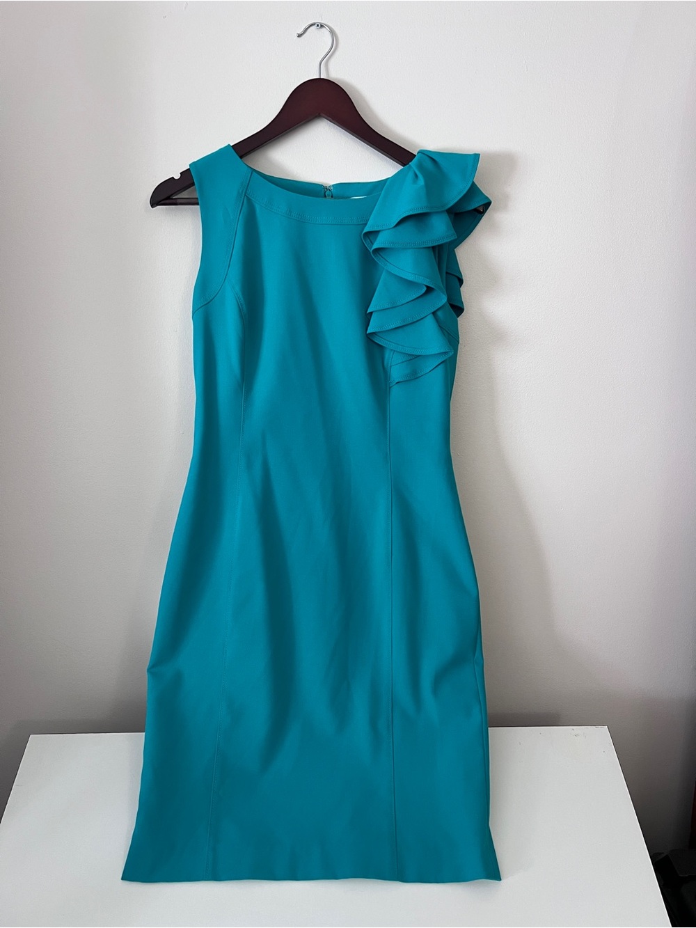 Calvin Klein Teal One-Shoulder Ruffle Sheath Dress